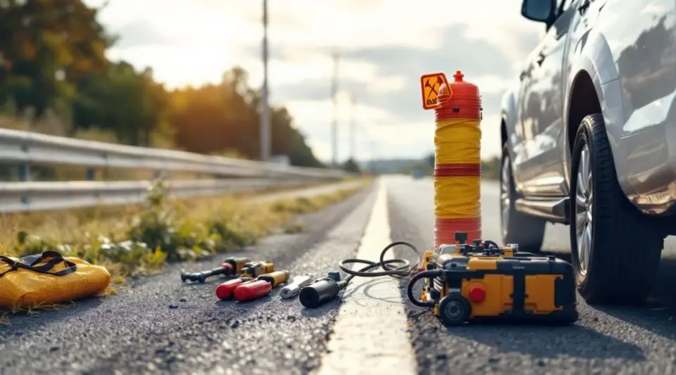 A professional Affordable Towing Atlanta technician using a floor jack to change a flat tire on a busy Atlanta roadside at dusk.